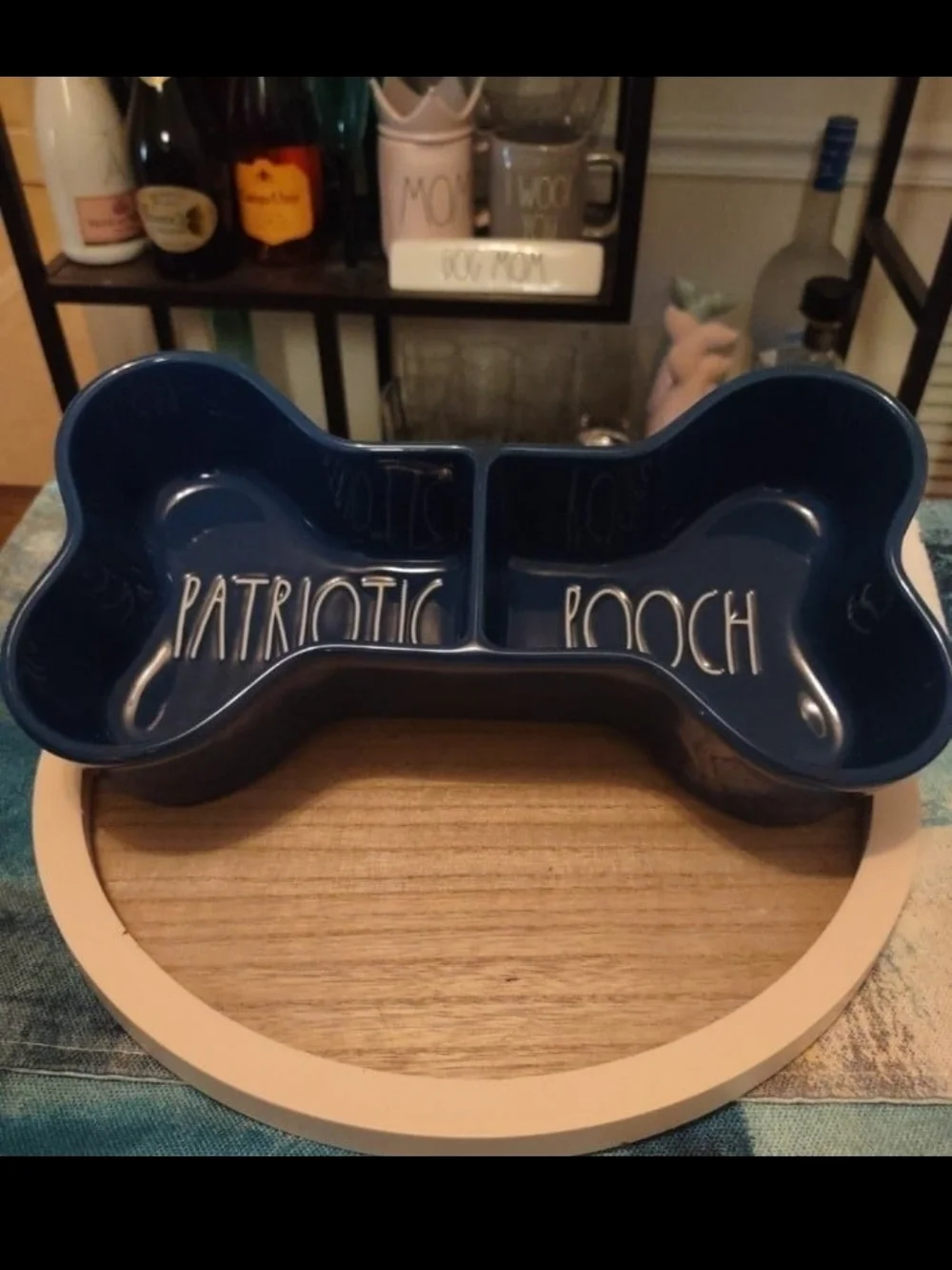 Rae Dunn Patriotic Pooch Blue Bone-Shaped Double Dog Bowl